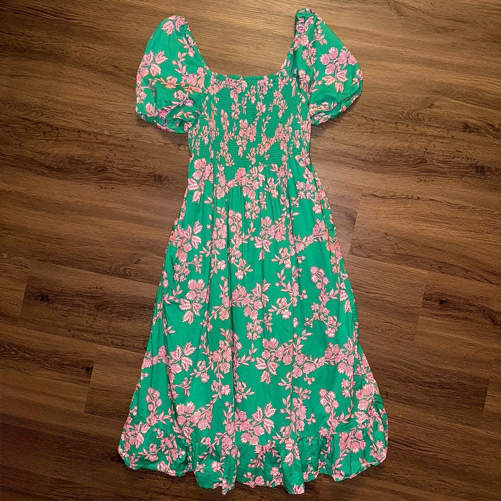 J. Crew Green & Pink Floral Smocked Midi Sundress with Puff Sleeves (M)